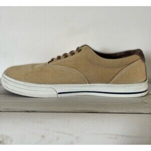US Polo Assn Tan Canvas Low Cut Lace Up Sneakers Deck Shoes Plaid Lining US 13